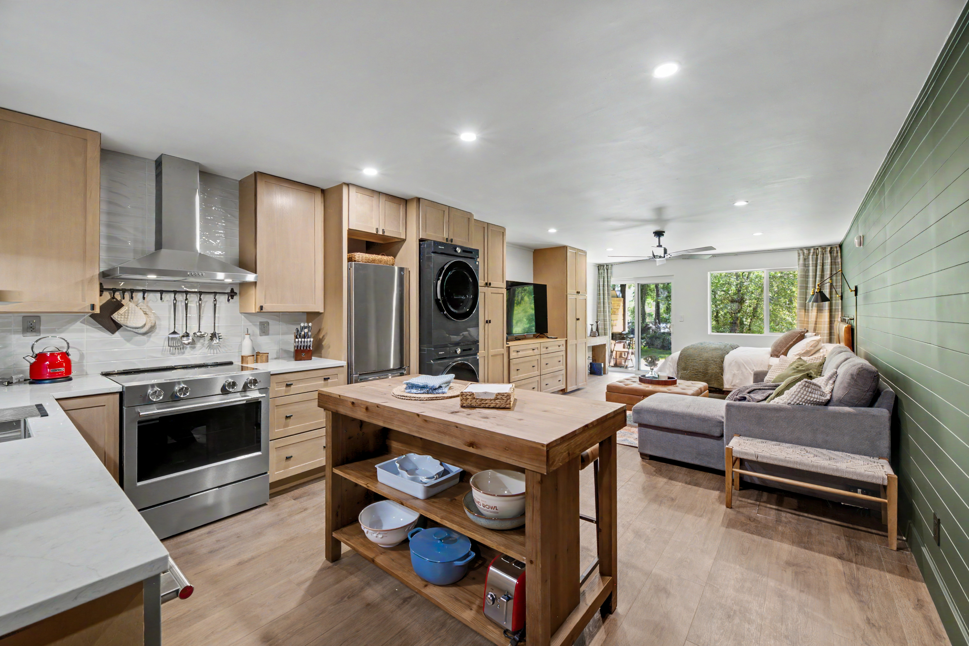 Open studio layout from kitchen toward living area